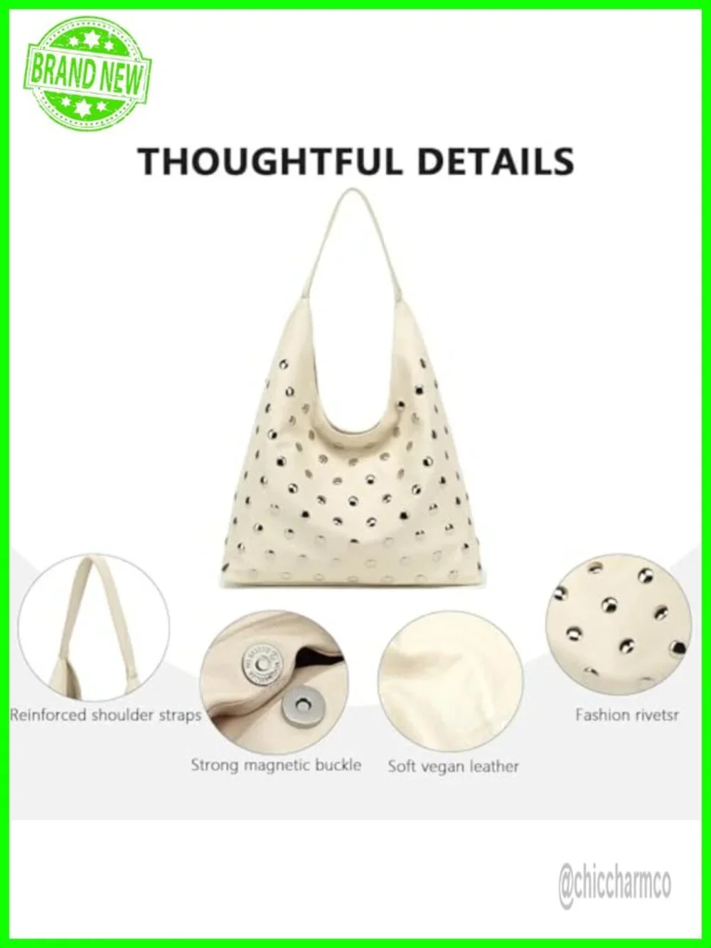 Studded Hobo Bag Vegan Leather Tote Purse Soft Slouchy Shoulder Bag